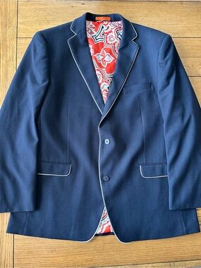 Nic’s Toggery EUC Navy Men's Blazer with Contrasting Piped embroidered Trim